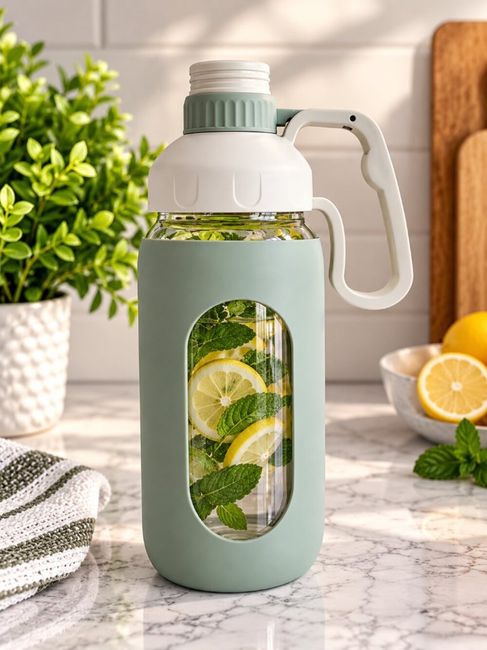 84 oz Glass Water Bottle 2.5 L Large Jug Handle Silicone Sleeve Green NWOT